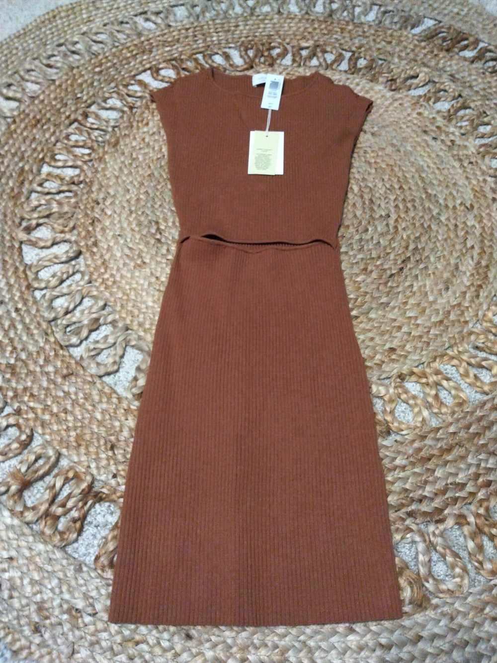 Wilfred Rust Brown Ribbed Cut Out Knit Midi Dress NWT Size XS
